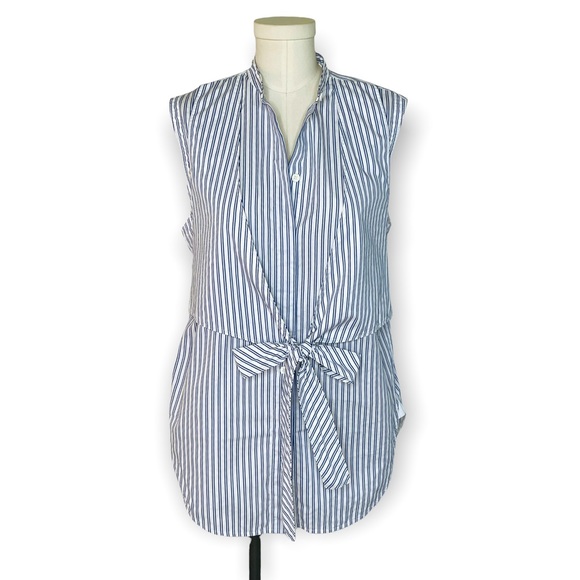 Helmut Lang Blue Striped Sleeveless Tie-Front Cotton Poplin Shirt Size Medium - Picture 3 of 13